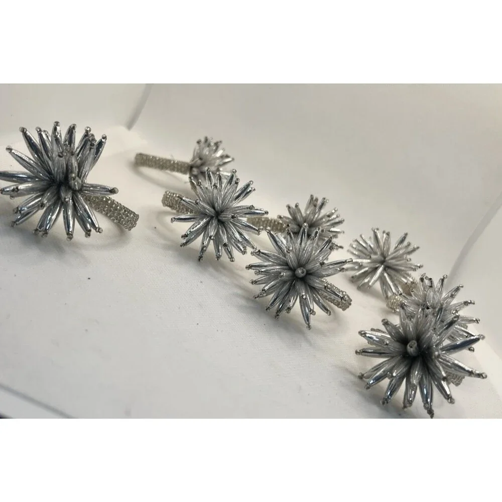 8 Z Gallerie Starburst Napkin Rings Beaded silver snowflake Chrome glam